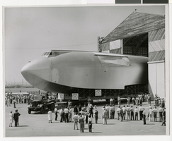 Photograph of the Flying Boat hull being moved form the hangar, Culver City, California, 1946