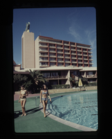 Film transparency of the Desert Inn swimming pool and tower, Las Vegas, circa 1967-1972
