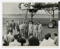 Photograph of Howard Hughes and others in front of the XH-17 helicopter, Culver City, California, October 23, 1952