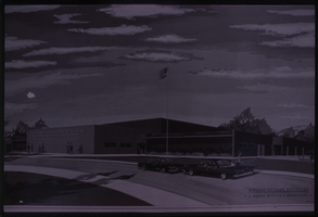 Black and white drawing of the construction site for the new headquarters building for Carriers' Building & Common Laborers Union, Local 872.