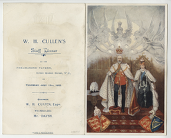 Menu for W. H. Cullen's staff dinner, menu, Thursday, June 12, 1902, at Freemasons' Tavern,