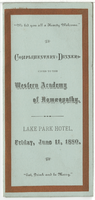 Menu for the complimentary dinner given to the Western Academy of Homeopathy, Friday, June 11, 1880, Lake Park Hotel