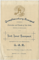 Menu for a complimentary banquet for the Ninth Annual Encampment of the Grand Army of the Republic, Department of Wisconsin, Wednesday, January 27, 1875 at the Newhall House