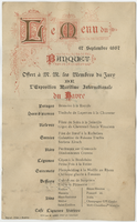 Menu for banquet given for the members of the jury of the International Maritime Exhibition of Havre, September 17, 1887, Hôtel de l'Amirauté