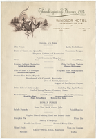 Thanksgiving dinner menu, Windsor Hotel, 1908
