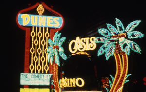 Slide of the Dunes and Oasis Casino signs, Las Vegas, 1986