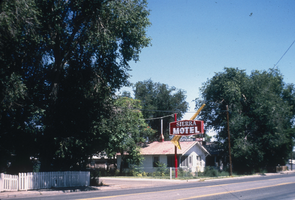 Slide of the Sierra Motel and its neon sign, Lovelock, Nevada, 1986