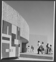 Photograph of students outside of the library building, Nevada Southern University, circa mid 1960s
