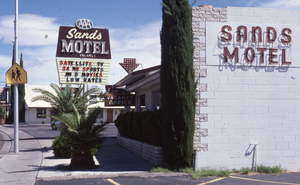 Sands Motel flag mounted, marquee and wall mounted signs, Boulder City, Nevada: photographic print