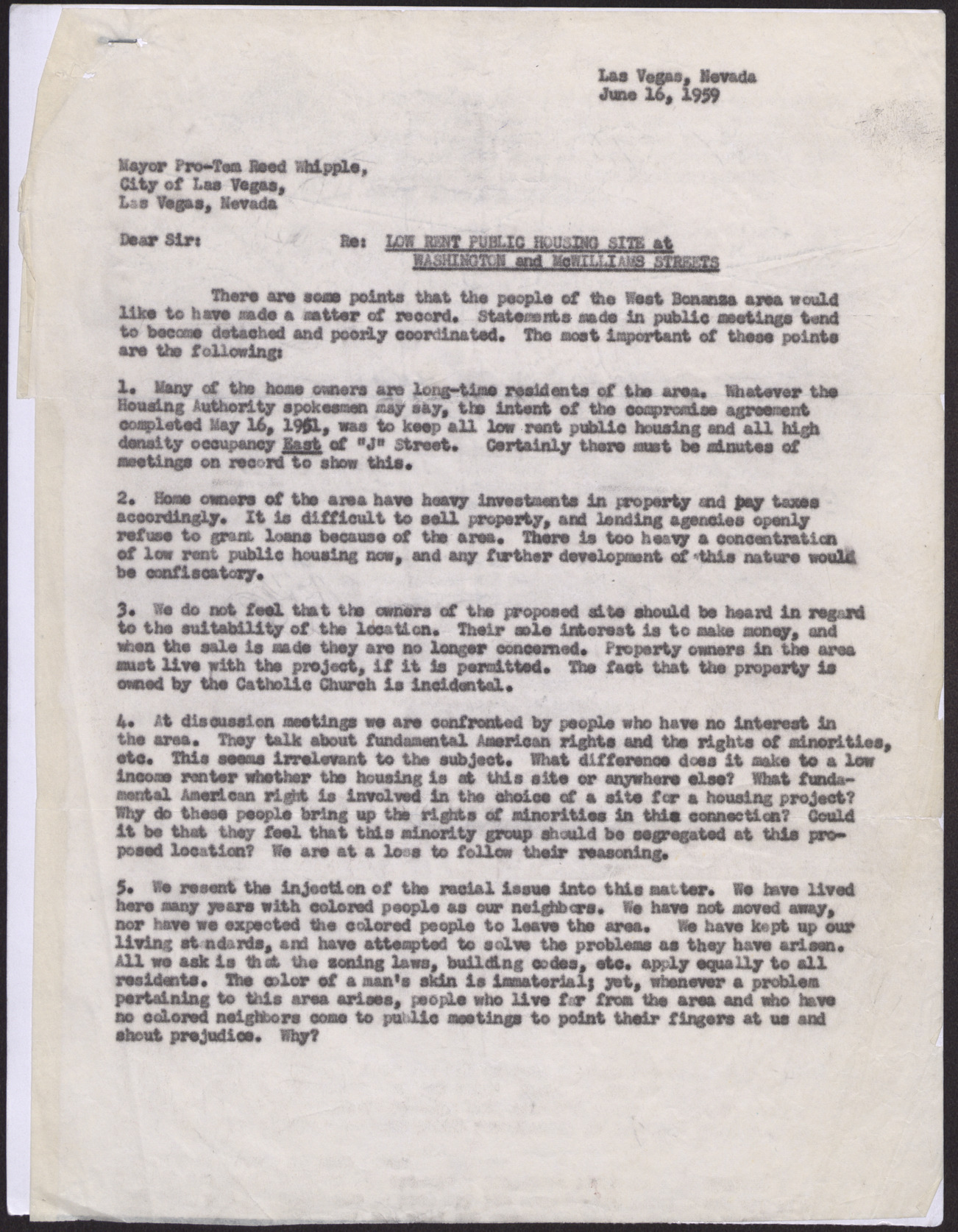 Response from the Bonanza Home Owners' Association regarding a "Low rent public housing site at Washington and McWilliams Streets" proposal, June 16, 1959