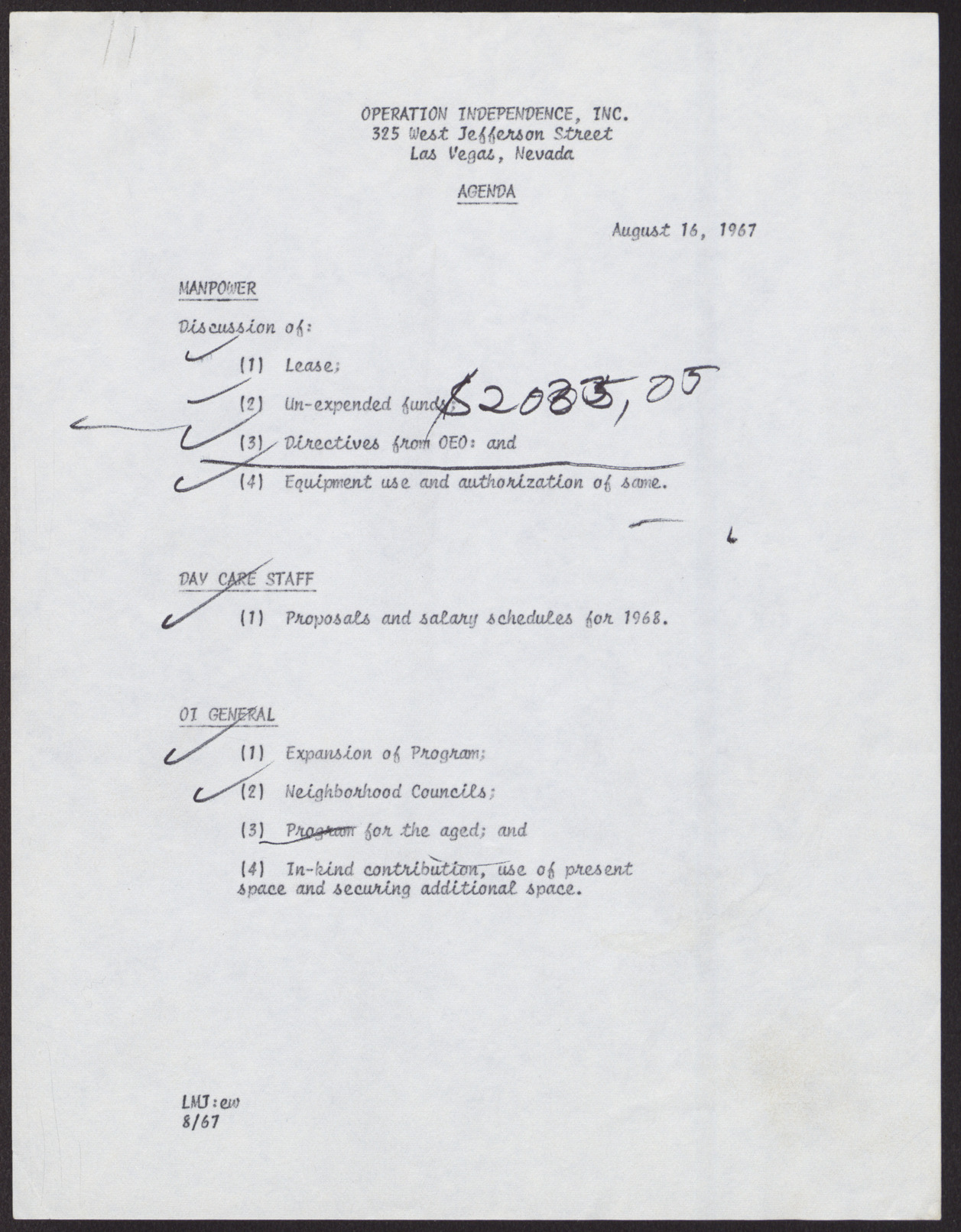 Operation Independence, Inc. Meeting Agenda and Recommendations by Lubertha M. Johnson (2 pages), August 16, 1967