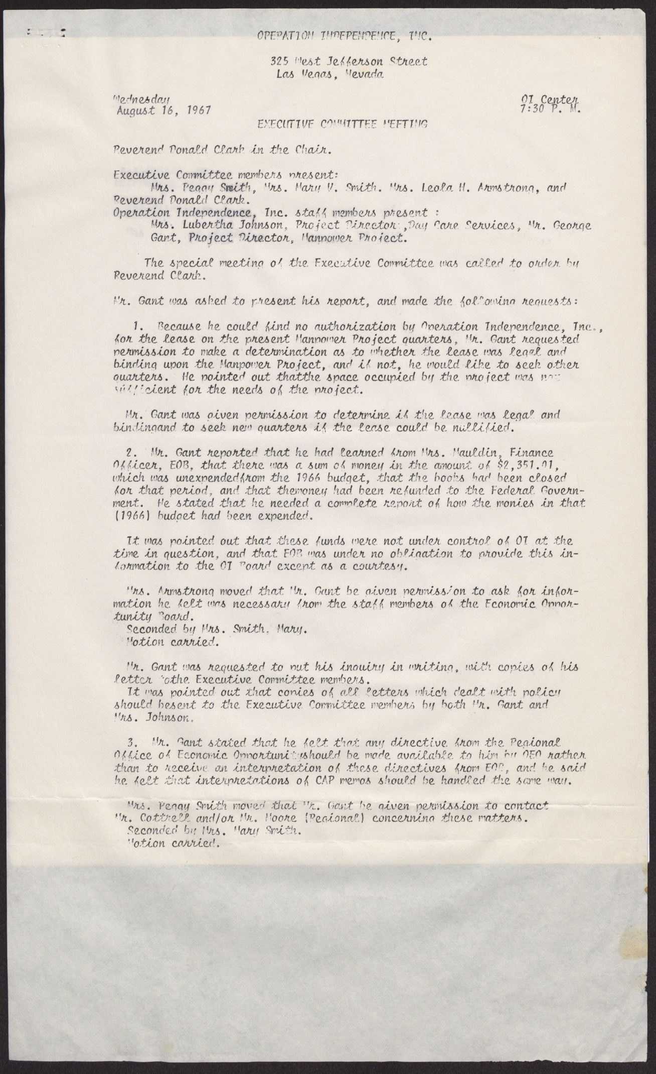 Minutes from an Operation Independence, Inc. Executive Committee Meeting (4 pages), August 16, 1967, page 2