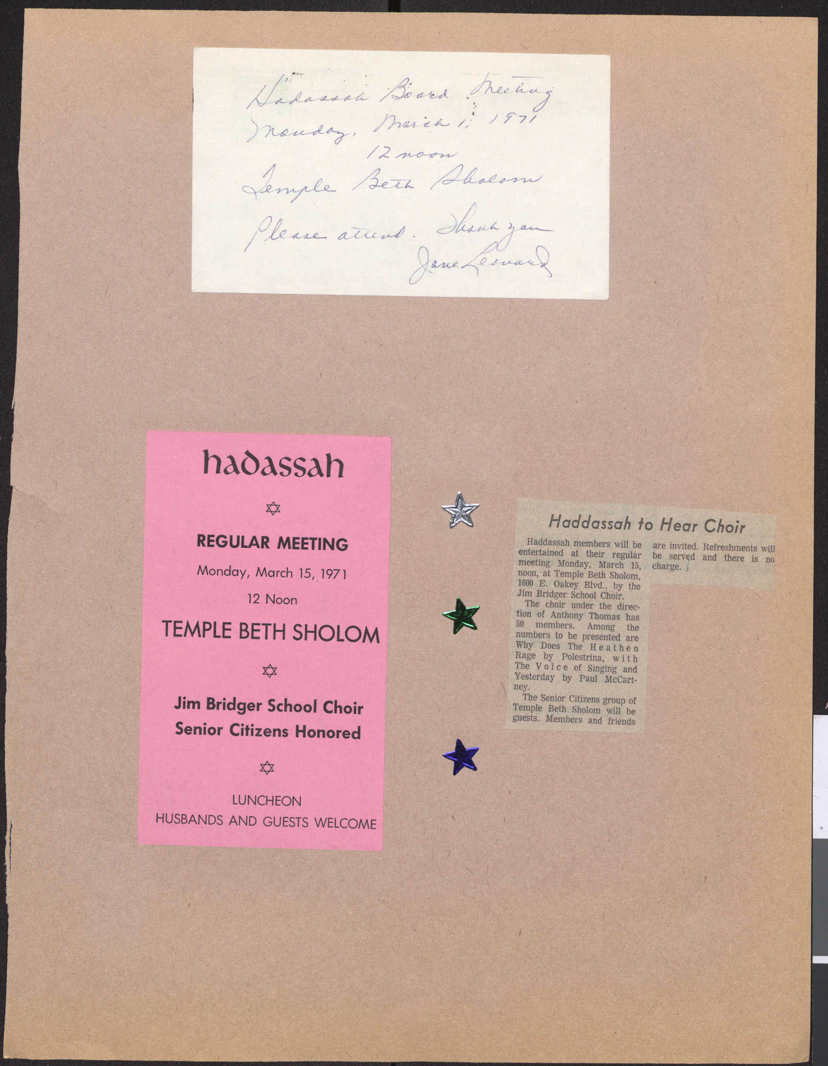 Invitation cards to Hadassah meeting, March 1, 1971, and newspaper clipping about Hadassah outing