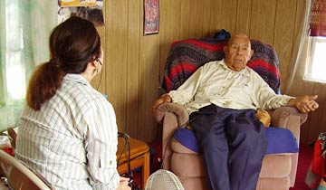 Conducting interviews during Southern Nevada summers posed special challenges; air conditioners and fans were often necessary. Mary Palevsky met with the late Western Shoshone spiritual leader, Corbin Harney, at his home near Death Valley when the temperature was over 120 degrees.