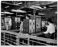 Photograph of electronic equipment testing at Hughes Aircraft Company, Culver City, California, 1959