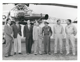 Photograph of Howard Hughes with XH-17 helicopter, Culver City, California, October 23, 1952