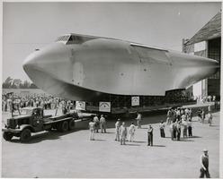 Photograph of the Hughes Flying Boat fuselage in transport, California, circa June 1945