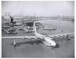 Photograph of the Hughes Flying Boat being towed into the Los Angeles Harbor, November 1, 1947