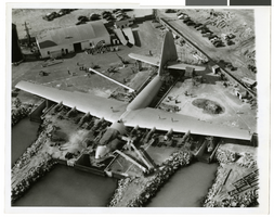 Aerial photograph of the Hughes Flying Boat, Los Angeles Harbor, 1947