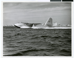 Photograph of the Flying Boat taking off from the Los Angeles Harbor, 1947