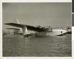 Photograph of the Hughes Flying boat, as it returns from its historic test flight, Los Angeles Harbor, November 2, 1947