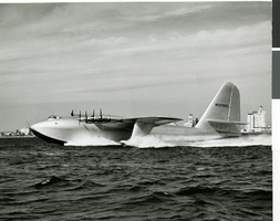 Photograph of the HK-1, Hughes Flying boat, as it returns from its historic test flight, November 2, 1947