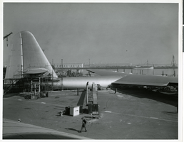Photograph of the Flying Boat being assembled at the Long Beach Harbor, California, January 8, 1947