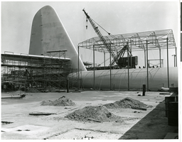 Photograph of the Flying Boat being assembled at the Long Beach Harbor in California, July 10, 1947