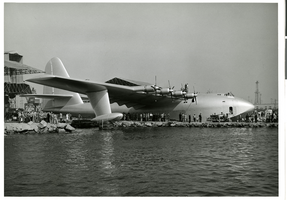 Photograph of launching world's largest plane, Los Angeles Harbor, November 1, 1947