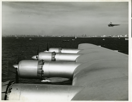 Photograph of Hughes Flying Boat engines during the first test flight, Los Angeles Harbor, November 2, 1947