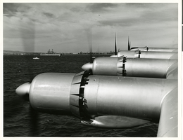 Photograph of Flying Boat engines during test flight, Los Angeles Harbor, November 2, 1947