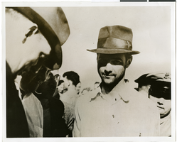 Photograph of Howard Hughes after arriving in Minneapolis, Minnesota, July 14, 1938