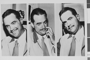 Photograph of Howard Hughes speaking to the press, Los Angeles, August 03, 1947
