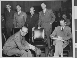 Photograph of Howard Hughes at hearing, Washington, D.C., November 08, 1947