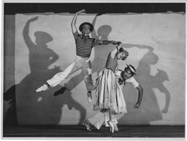 Photograph of Vassili Sulich and two unidentified dancers performing the "Tritsch-Tratsch Polka," in London, England, 1950s-1960s