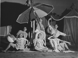 Photograph of Iván Dragadze, Milko Šparemblek and Vassili Sulich with three unidentified female dancers, Ballet de Monte Carlo, 1956-1958