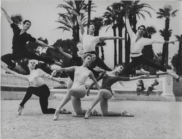 Milko Šparemblek, Milorad Mišković, Vassili Sulich and unidentified female dancers posing outdoors, Monte Carlo, late 1950s