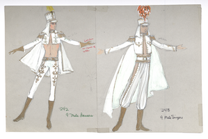 Costume design drawing, males in white military-like costumes for Pzazz! 68, Las Vegas, circa 1968