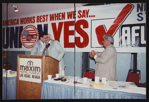 Photographs of Union leaders speak at the Frontier Strike vote meeting, Culinary Union, Las Vegas (Nev.), 1991 (folder 1 of 1)
