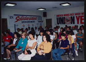 Photographs of Union leaders speaking at the Frontier Strike vote meeting, Culinary Union, Las Vegas (Nev.), 1991 (folder 1 of 1)
