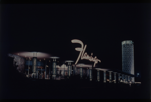 Color view of the Flamingo Hotel at night.