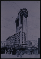 Black and white drawing of the Fremont Hotel.