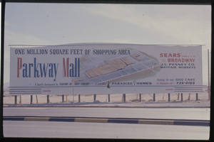 Color view of the construction site sign for the Parkway Mall, located at Maryland Parkway between Desert Inn Road and Twain Avenue. This would eventually be renamed The Boulevard Mall.