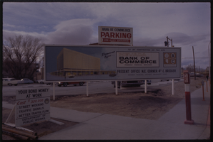 Color view of the construction sign for the Nevada Bank of Commerce building located at the North East corner of 4th Street and Bridger Avenue.