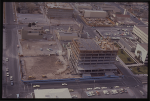Color aerial view of a building under construction across from the Clark County Courthouse.