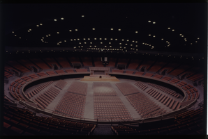 Color view of an arena (possibly the original Las Vegas Convention Center Rotunda) set up for an event.