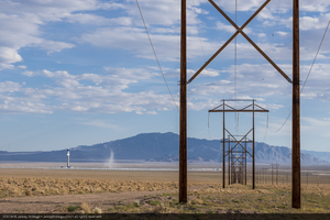 Transmission lines connect power produced at Crescent Dunes Solar to the Nevada grid, near Tonopah, Nevada: digital photograph