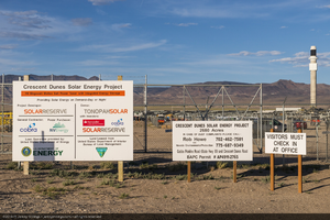 Project information signs at the entrance to Crescent Dunes Solar, near Tonopah, Nevada: digital photograph