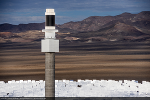 Aerial photo of top of tower with heliostats in background, Crescent Dunes Solar, near Tonopah, Nevada: digital photograph