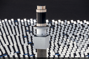 Aerial photo of top of tower with heliostats in background, Crescent Dunes Solar, near Tonopah, Nevada: digital photograph